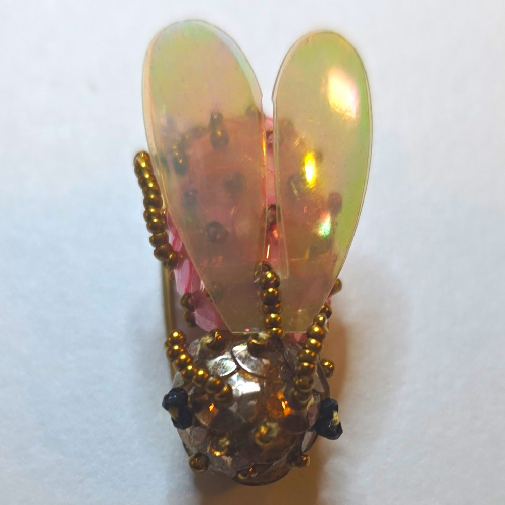 Vintage 1" Mini Insect Bug Brooch Pin Iridescent Wings Pink Gold Tone
